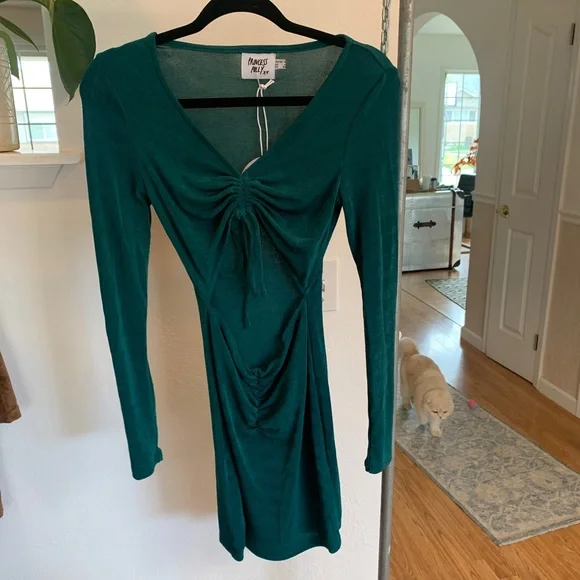 Princess Polly forest green jade bodycon cutout dress mini long sleeve stretch 4 - Picture 2 of 7